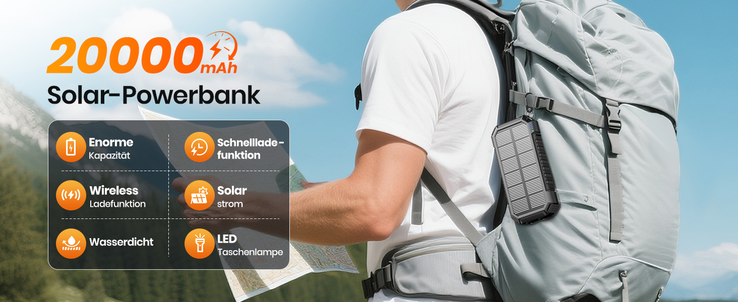 Schwarze A ADDTOP Solar-Powerbank mit ausklappbaren Solarpanels, USB-Anschlüssen und integrierter LED-Leuchte. – Detail 1