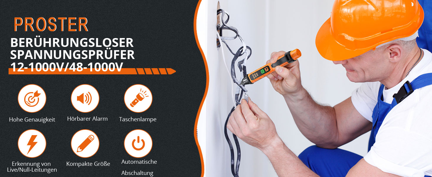 Orange-schwarzer Proster PST224 Spannungsprüfer in Stiftform mit Prüfspitze, LED-Anzeigen, Tasten und Taschenclip. – Detail 1