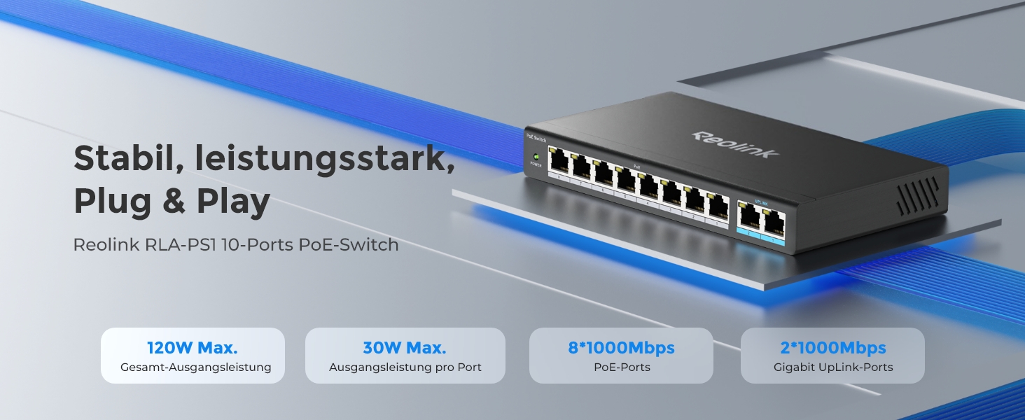 Schwarzer Reolink RLA-PS1 PoE-Switch im Metallgehäuse mit acht PoE-Buchsen und zwei blau markierten Uplink-Ports – Detail 1
