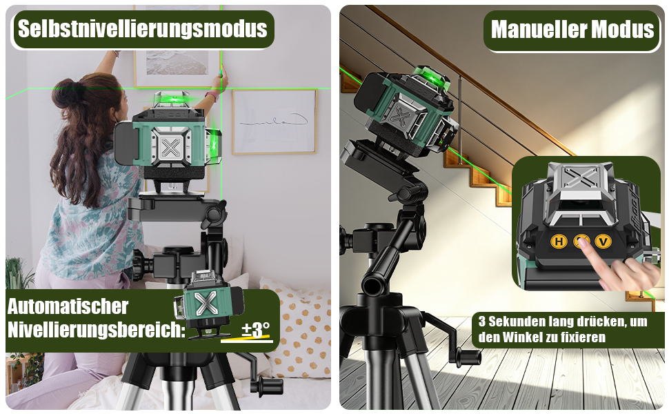 Grün-schwarzer Kreuzlinienlaser mit vier Austrittsfenstern auf Drehsockel, daneben Hartschalenkoffer, zwei Wechselakkus, Fernbedienung, Magnethalter und Mini-Stativ – Detail 2