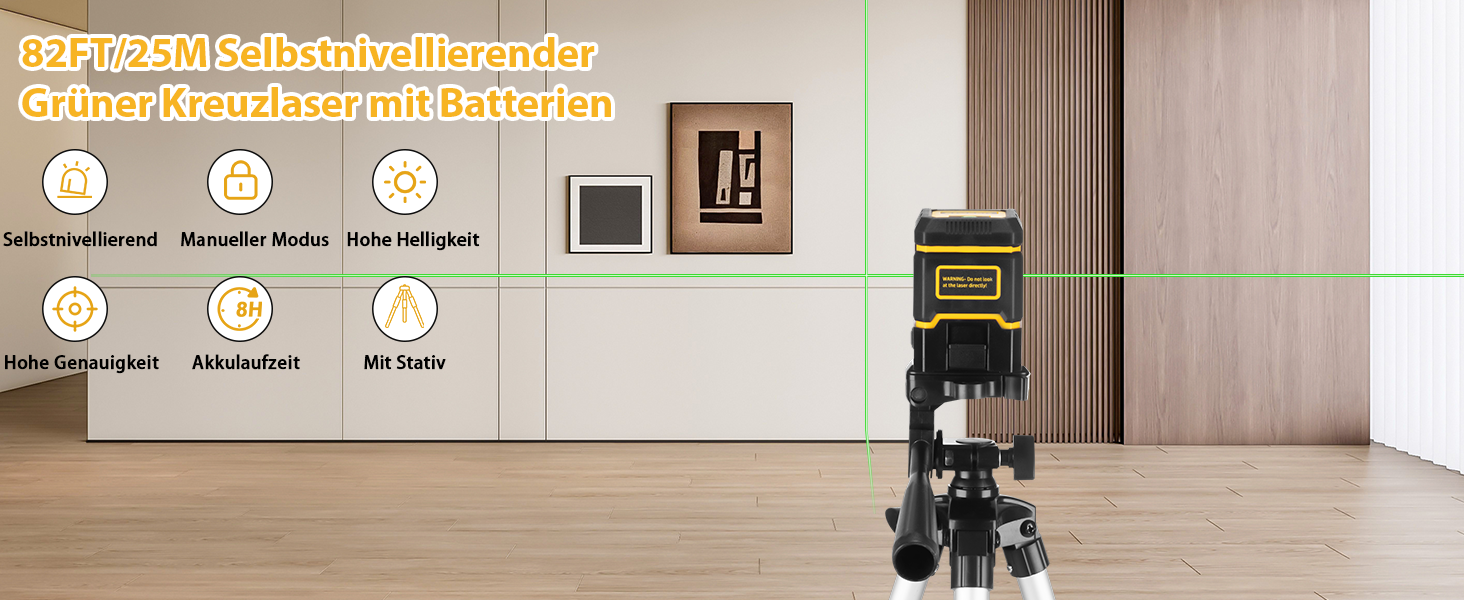 Kompakter Kreuzlinienlaser in Dunkelgelb und Schwarz mit Kreuzfenster, daneben ausziehbares Aluminiumstativ und zwei AA-Batterien – Detail 2