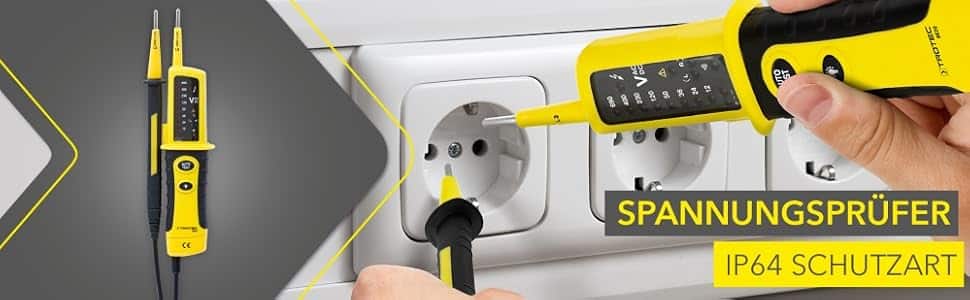 Gelb-schwarzer zweipoliger Spannungsprüfer TROTEC BE20 mit zwei Prüfspitzen und LED-Anzeigereihe – Detail 2