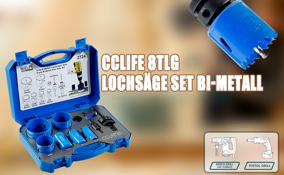 Blaues CCLIFE Lochsägen-Set aus Bi-Metall mit sechs Lochsägen und zwei Aufnahmeschäften im blauen Kunststoffkoffer – Detail 2