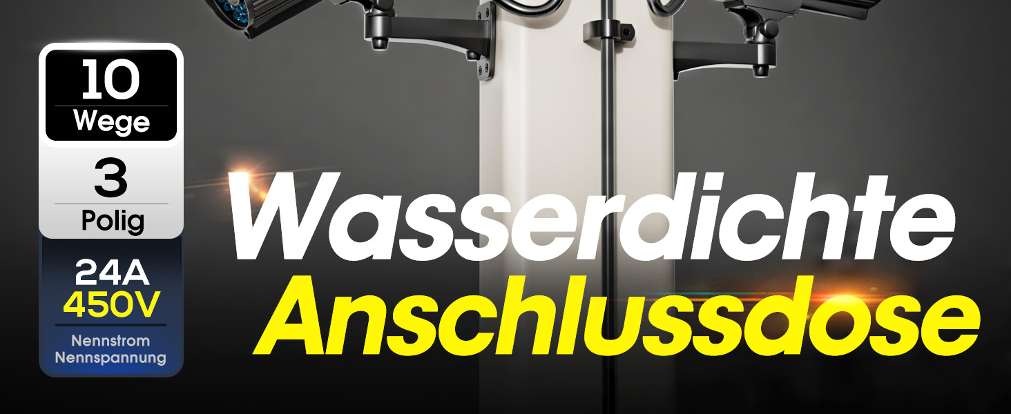Schwarze wasserdichte Abzweigdose PEBA mit zehn Kabelverschraubungen und gelben Silikondichtringen daneben – Detail 2