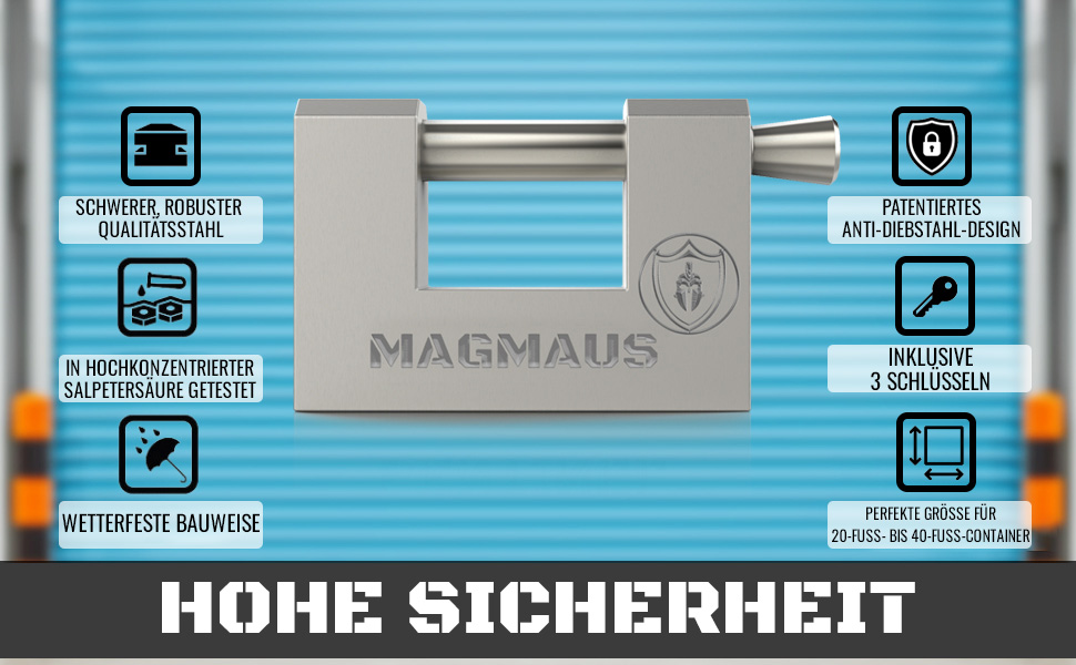 Silbernes Blockschloss Magmaus RTL50 aus Edelstahl mit gerader Riegelstange und drei blauen Schlüsseln – Detail 2