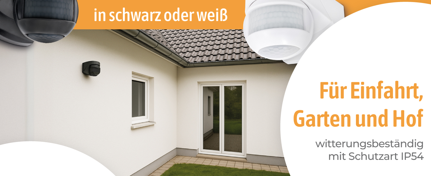 Schwarzer Aufputz-Bewegungsmelder SSC-LUXon KELEA mit zwei Sensorlinsen an einer weissen Hauswand – Detail 2