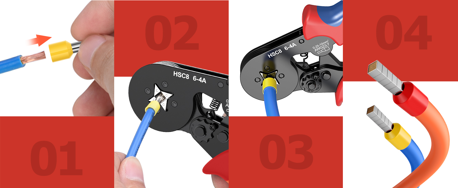 Rot-schwarze Preciva Aderendhülsenzange HSC8 6-4A neben der Sortimentsbox mit 1200 farbig sortierten Aderendhülsen – Detail 2