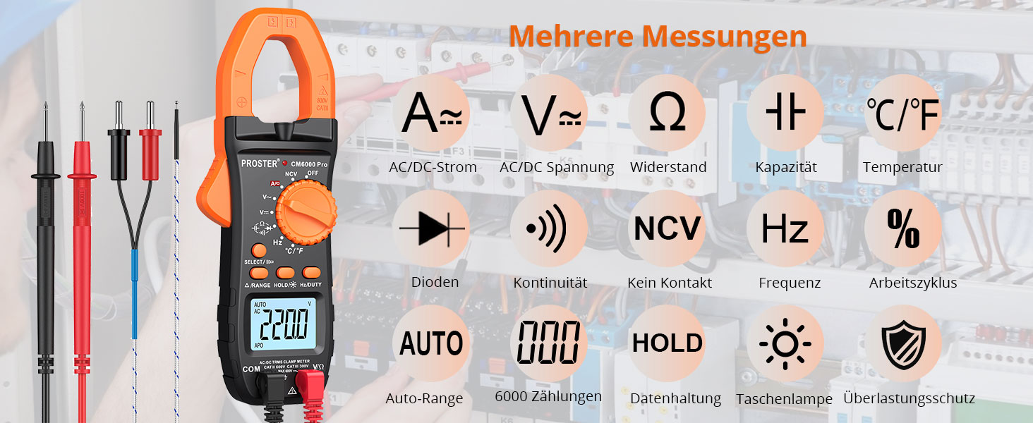 Orange-schwarze Proster Stromzange mit beleuchtetem LCD, geöffneten Messbacken, Messleitungen, Krokodilklemmen und Aufbewahrungstasche – Detail 2