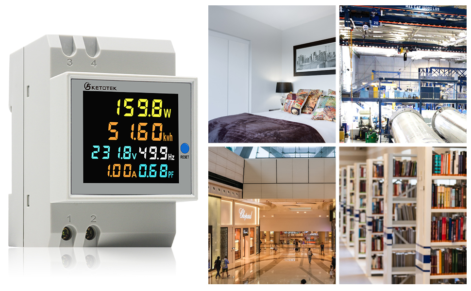 Weisser Hutschienen-Stromzähler KETOTEK D52-2047HD mit farbigem LC-Display, das Watt, Kilowattstunden, Spannung, Frequenz, Strom und Leistungsfaktor zeigt – Detail 1