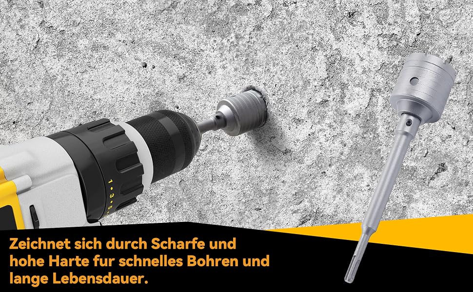 Vier silberne Hohlbohrkronen mit Hartmetallzähnen in den Grössen 30, 40, 50 und 68 mm, daneben Verbindungsstange mit SDS-plus-Schaft, Zentrierbohrer und Schraubenschlüssel – Detail 2