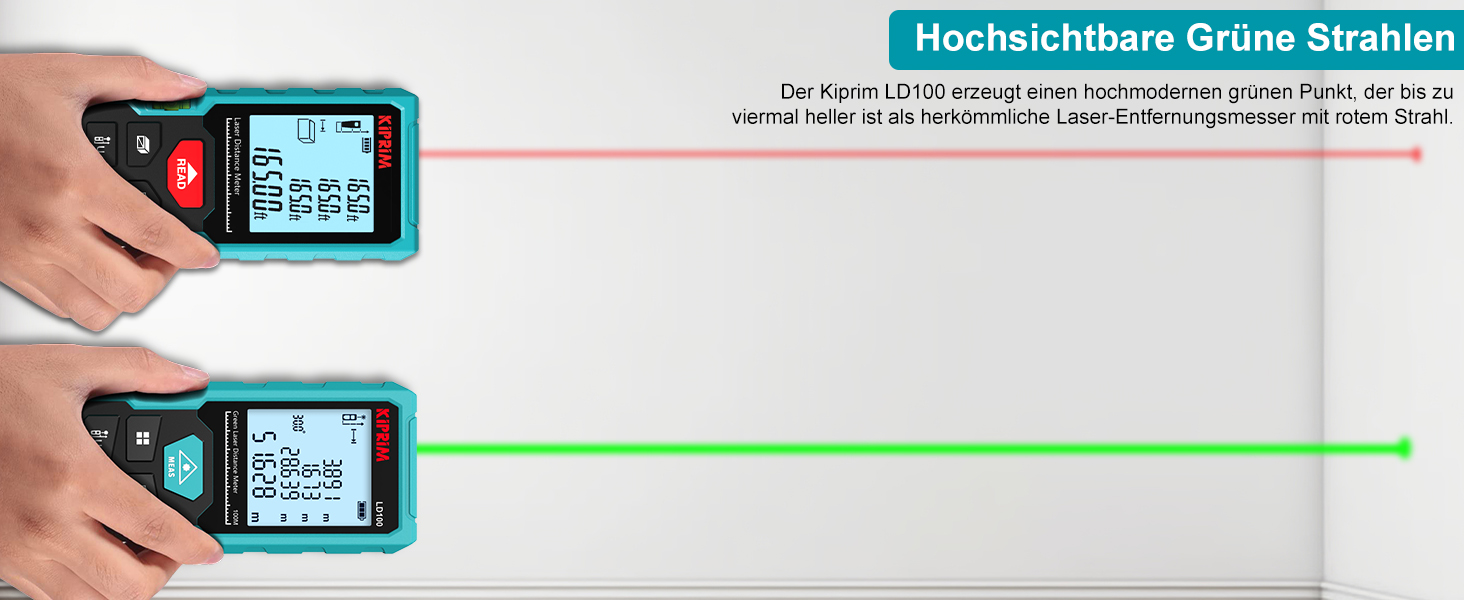 Türkisfarbener Kiprim LD100 Laser-Entfernungsmesser mit grossem LC-Display, grünem Laserstrahl und USB-C-Ladekabel – Detail 2