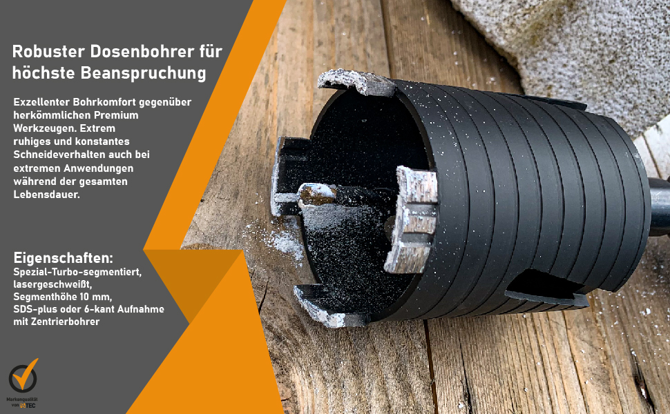 Schwarze Diamant-Bohrkrone von BTEC mit 82 mm Durchmesser, eingeschraubtem SDS-plus-Adapter und separatem Zentrierbohrer – Detail 1