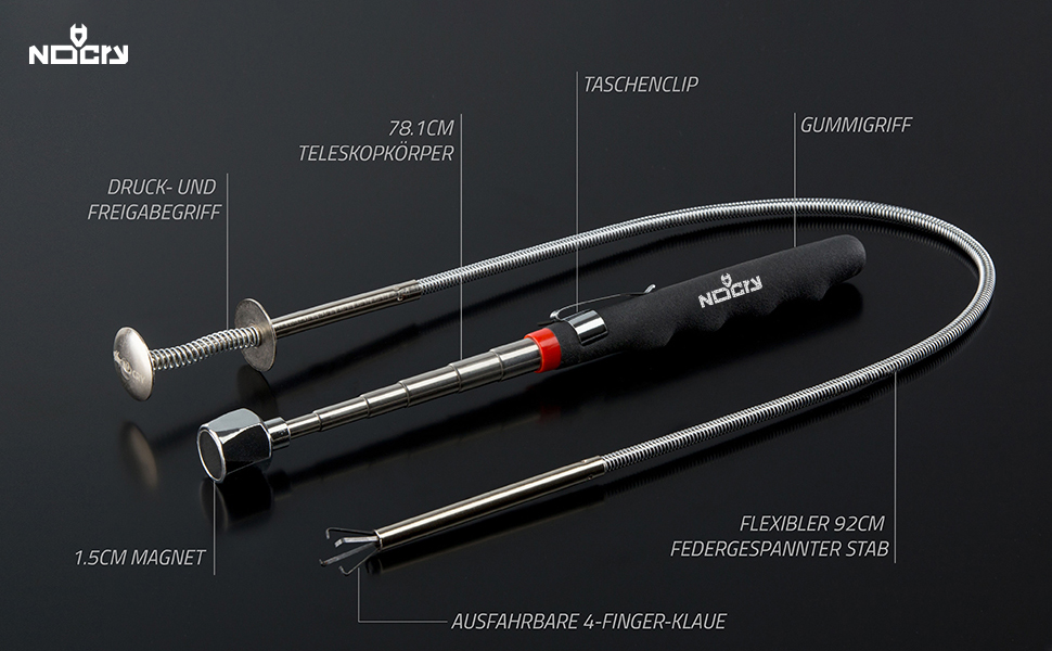 Silberner flexibler Krallengreifer und teleskopischer Magnetstab NoCry mit schwarzem Gummigriff – Detail 1