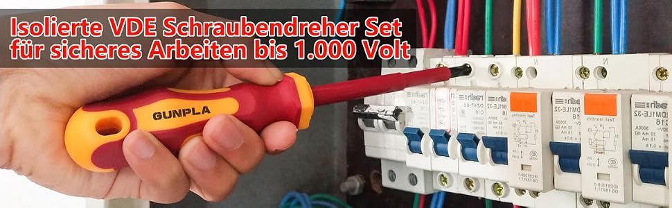 Elfteiliges Schraubendreher-Set Gunpla mit rot-gelben isolierten Griffen, Schlitz-, Kreuzschlitz- und Pozidriv-Klingen sowie Spannungsprüfer – Detail 1