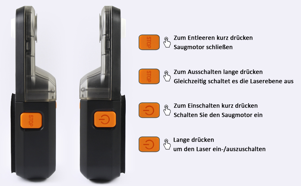 Schwarzer Bohrstaubsammler MAYILON M9912 mit halbtransparentem Staubbehälter, Libellen und orangen Tasten – Detail 1
