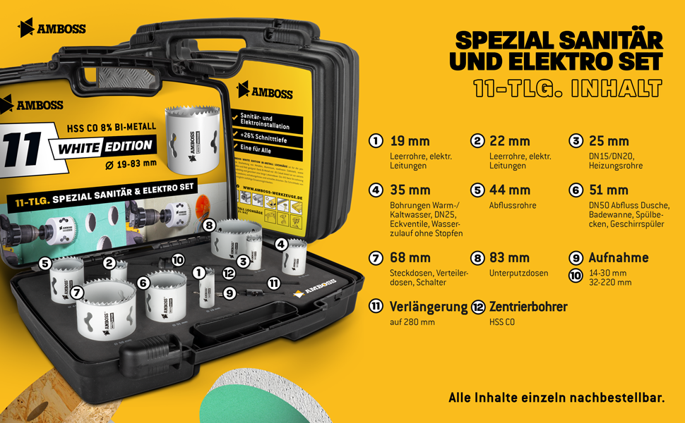 Elfteiliges Amboss White Edition Lochsägen-Set aus Bi-Metall im schwarzen Koffer mit acht weissen Lochsägen von 19 bis 83 mm – Detail 2