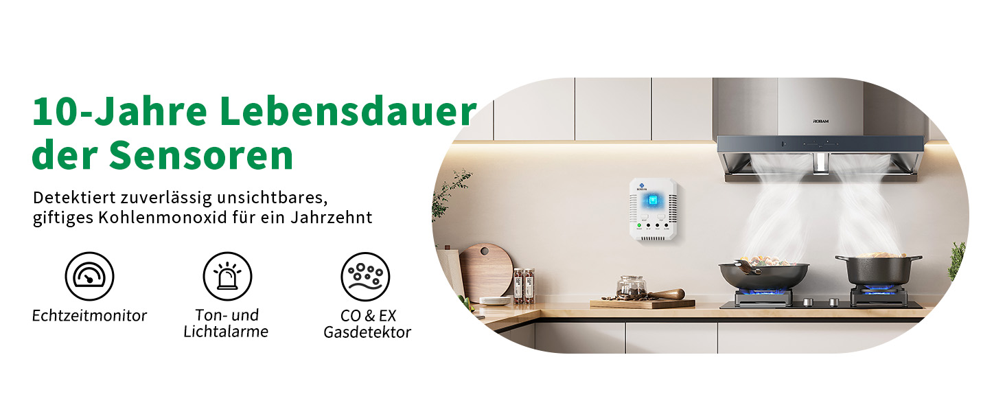 Weisser Bosean BH-H3 Kombimelder für Gas und Kohlenmonoxid mit vier Anzeigeleuchten, RESET- und TEST-Taste und Anschlusskabel mit Eurostecker – Detail 2