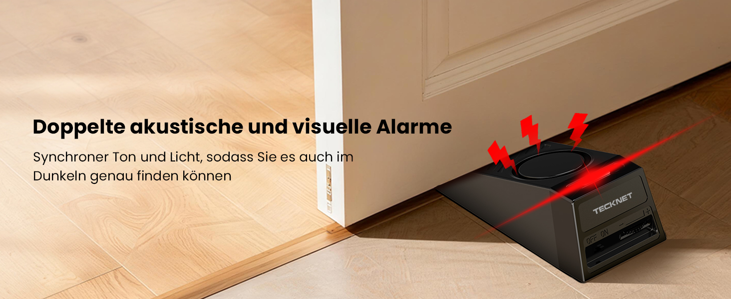 Zwei schwarze TECKNET Türstopper-Alarme mit geriffelter Keiloberseite und USB-C-Ladekabel – Detail 2