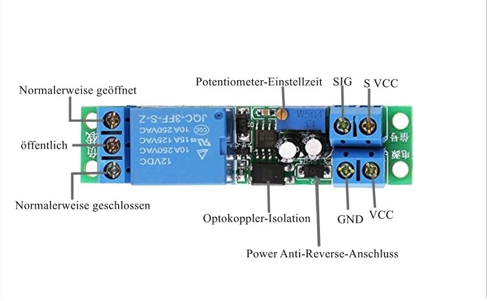 Grüne Platine mit blauem Relais, Potentiometer und drei blauen Schraubklemmen, Zeitrelais-Modul für 12 V – Detail 2