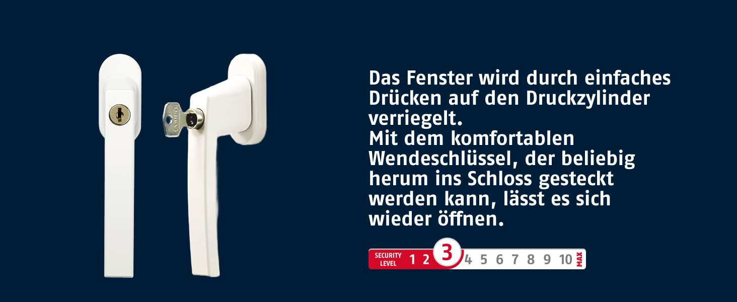 Silberner abschliessbarer ABUS-Fenstergriff FG210 in flacher, schlanker Bauform mit Druckzylinder und Wendeschlüssel – Detail 2