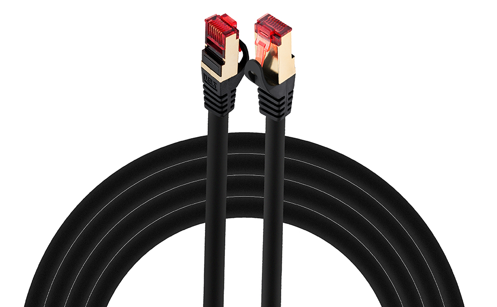 Schwarzes BIGtec 50m LAN Patchkabel mit RJ45-Steckern – Detail 1
