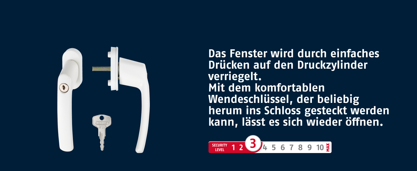 Weisser abschliessbarer ABUS-Fenstergriff FG200 in L-Form mit Druckzylinder und Wendeschlüssel – Detail 2
