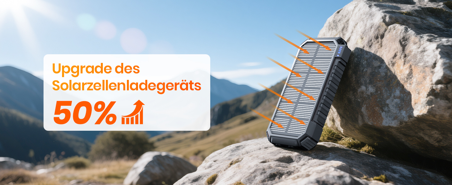 Schwarze A ADDTOP Solar-Powerbank mit ausklappbaren Solarpanels, USB-Anschlüssen und integrierter LED-Leuchte. – Detail 2