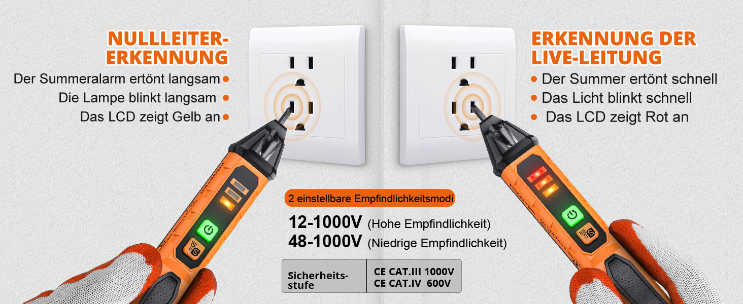 Orange-schwarzer Proster PST224 Spannungsprüfer in Stiftform mit Prüfspitze, LED-Anzeigen, Tasten und Taschenclip. – Detail 2