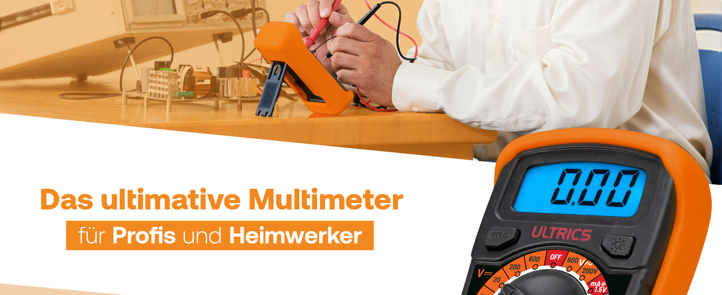 Gelb-schwarzes ULTRICS Digitalmultimeter mit Messleitungen, Batterie und beleuchtetem Display. – Detail 2