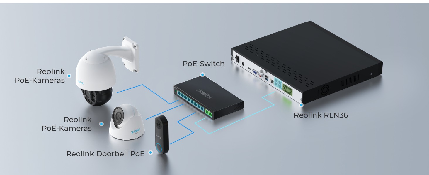 Schwarzer Reolink RLA-PS1 PoE-Switch im Metallgehäuse mit acht PoE-Buchsen und zwei blau markierten Uplink-Ports – Detail 3