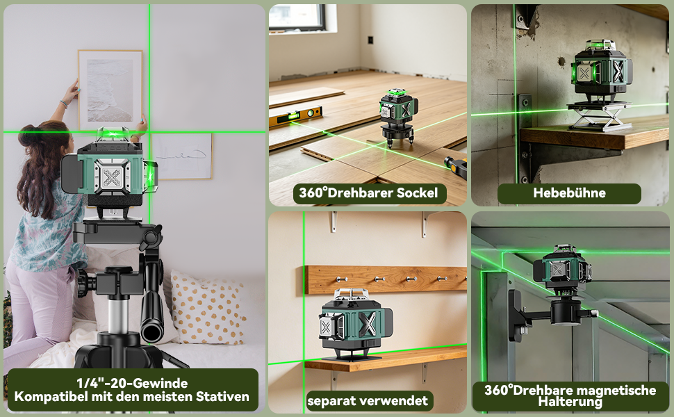 Grün-schwarzer Kreuzlinienlaser mit vier Austrittsfenstern auf Drehsockel, daneben Hartschalenkoffer, zwei Wechselakkus, Fernbedienung, Magnethalter und Mini-Stativ – Detail 3