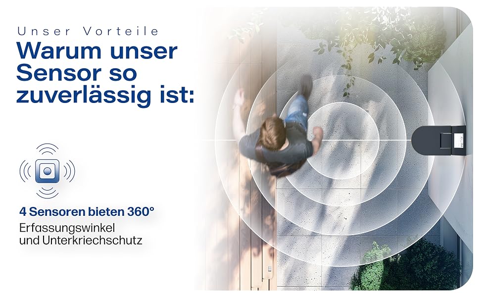 Anthrazitfarbener Bewegungsmelder HUBER Motion 100 auf Wandarm mit nach unten gerichteter weisser Fresnel-Linse und drei Drehreglern – Detail 3