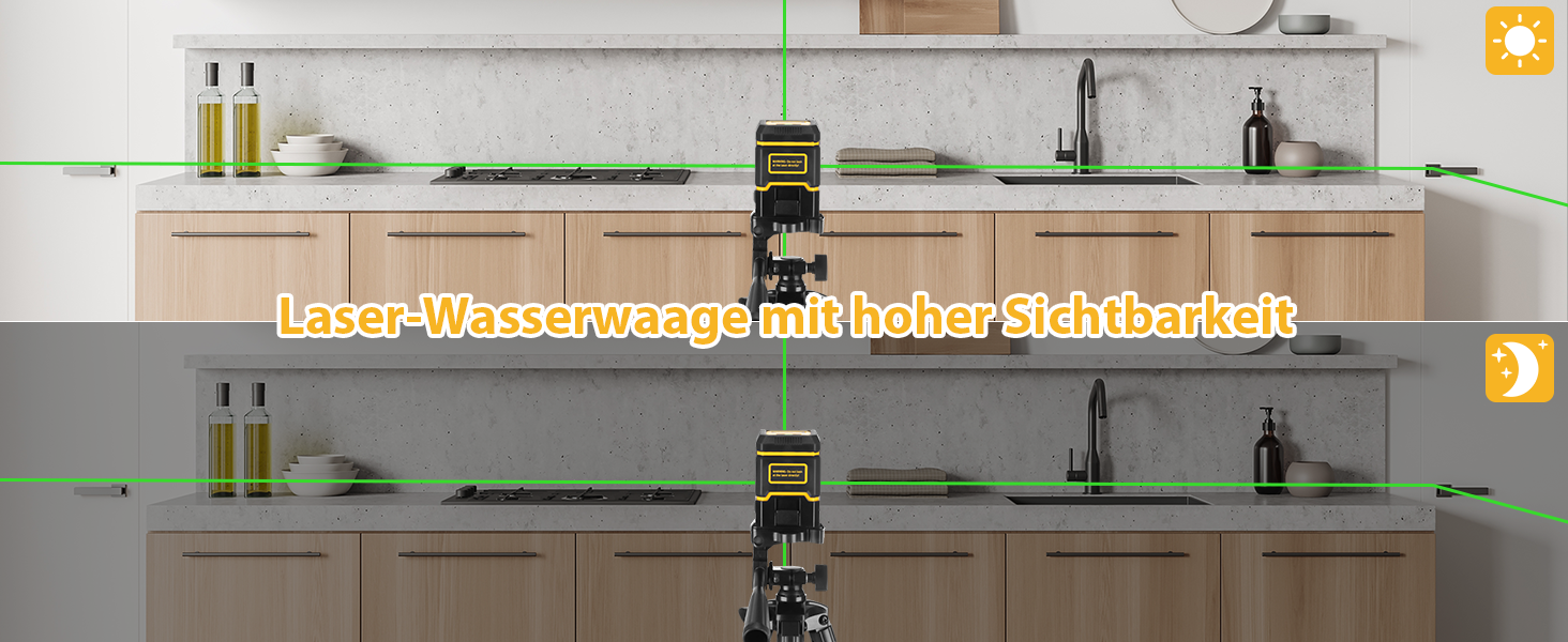 Kompakter Kreuzlinienlaser in Dunkelgelb und Schwarz mit Kreuzfenster, daneben ausziehbares Aluminiumstativ und zwei AA-Batterien – Detail 3