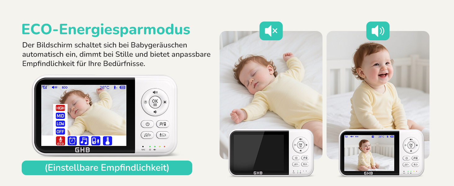 Weisses GHB Babyphone MC632B mit 3,2-Zoll-Monitor und separater Kamera auf Standfuss – Detail 3
