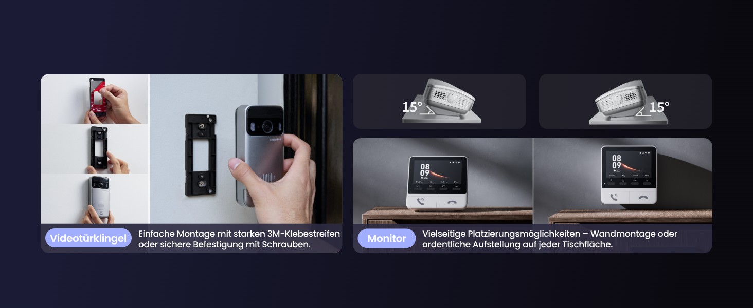 Silberne SwitchBot Video-Türklingel mit runder Weitwinkellinse, weisser 4,3-Zoll-Innenmonitor mit Standfuss und schwarzes Solarpanel auf schwenkbarem weissem Montagearm mit USB-C-Kabel – Detail 3