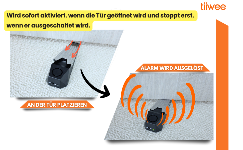 Zwei schwarze Alarm-Türstopper von tiiwee mit gebürsteter Oberseite und rundem Alarmschalter – Detail 3