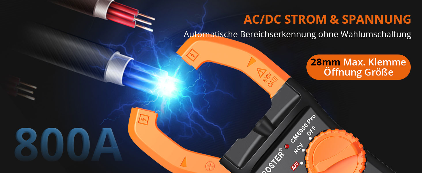 Orange-schwarze Proster Stromzange mit beleuchtetem LCD, geöffneten Messbacken, Messleitungen, Krokodilklemmen und Aufbewahrungstasche – Detail 3
