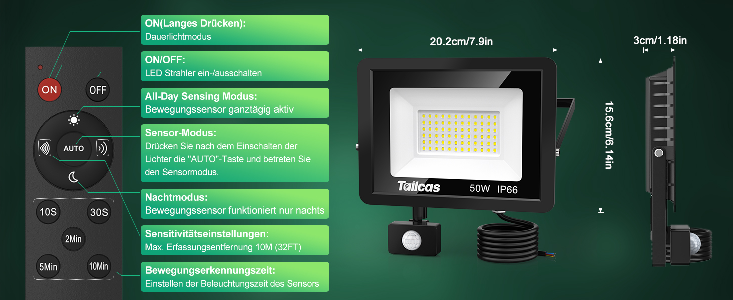 Schwarzer LED-Flutlichtstrahler Tailcas mit PIR-Bewegungsmelder, Montagebügel und Fernbedienung – Detail 2