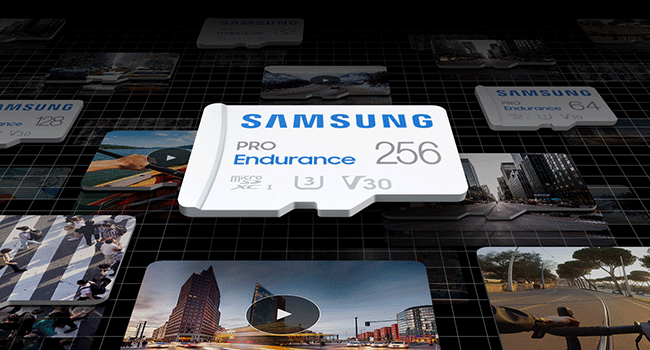 Weisse microSD-Karte Samsung PRO Endurance mit 256 GB sowie U3- und V30-Kennzeichnung – Detail 3