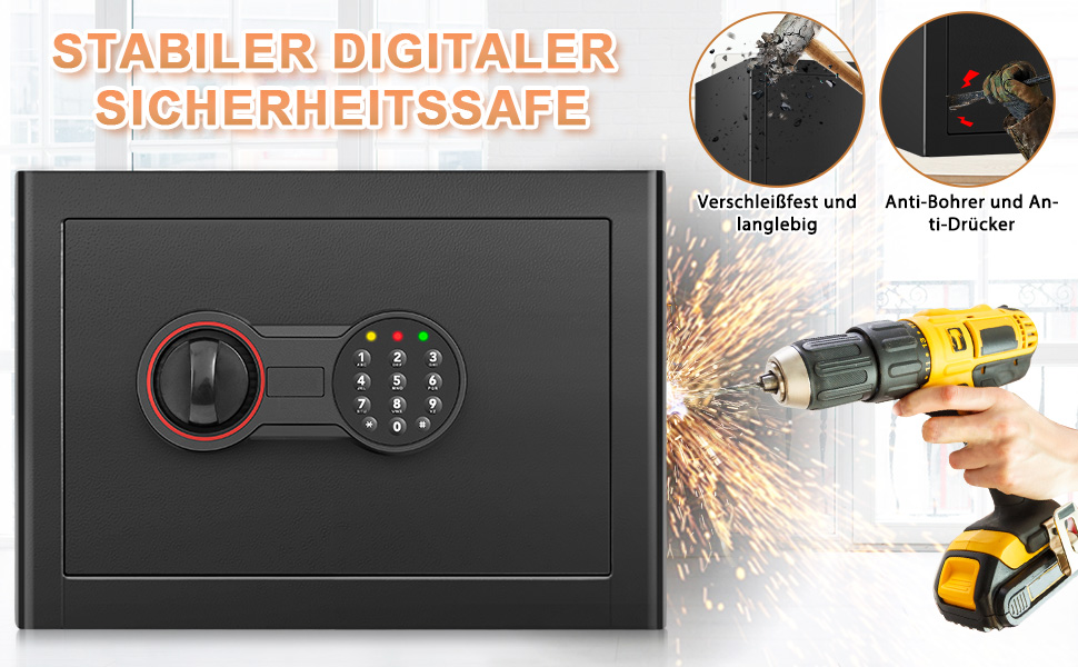 Schwarzer Möbeltresor mit elektronischem Zahlenschloss, Drehknauf und drei Riegelbolzen, Tür geöffnet – Detail 2
