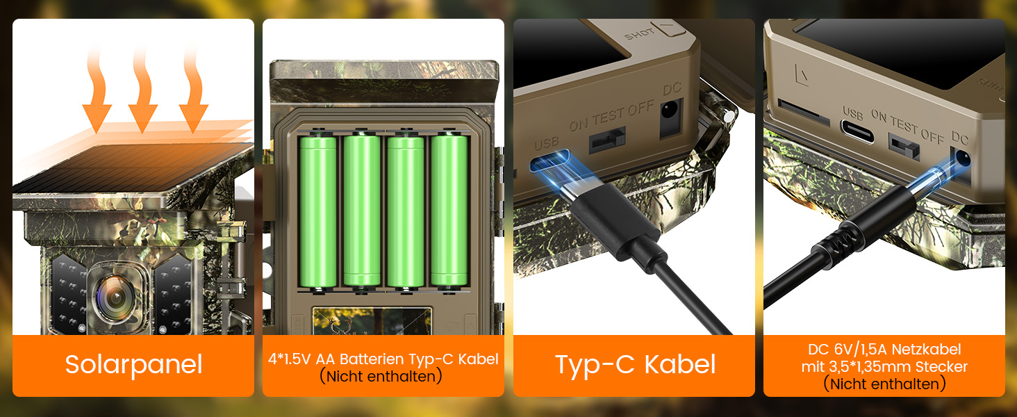 Solar-Wildkamera XTU im Tarnmuster mit aufgesetztem Solarpanel, Objektiv, Bewegungssensor und Infrarot-LEDs – Detail 3