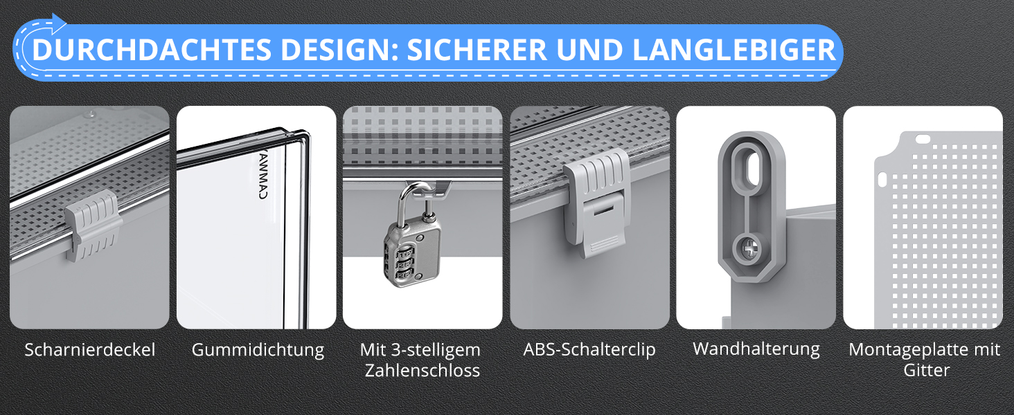 CAMWAY Verteilerkasten aus grauem ABS-Kunststoff mit durchscheinender Sichttür, 40 x 30 x 16 cm, mit Zahlenschloss und Wandhaltern – Detail 2