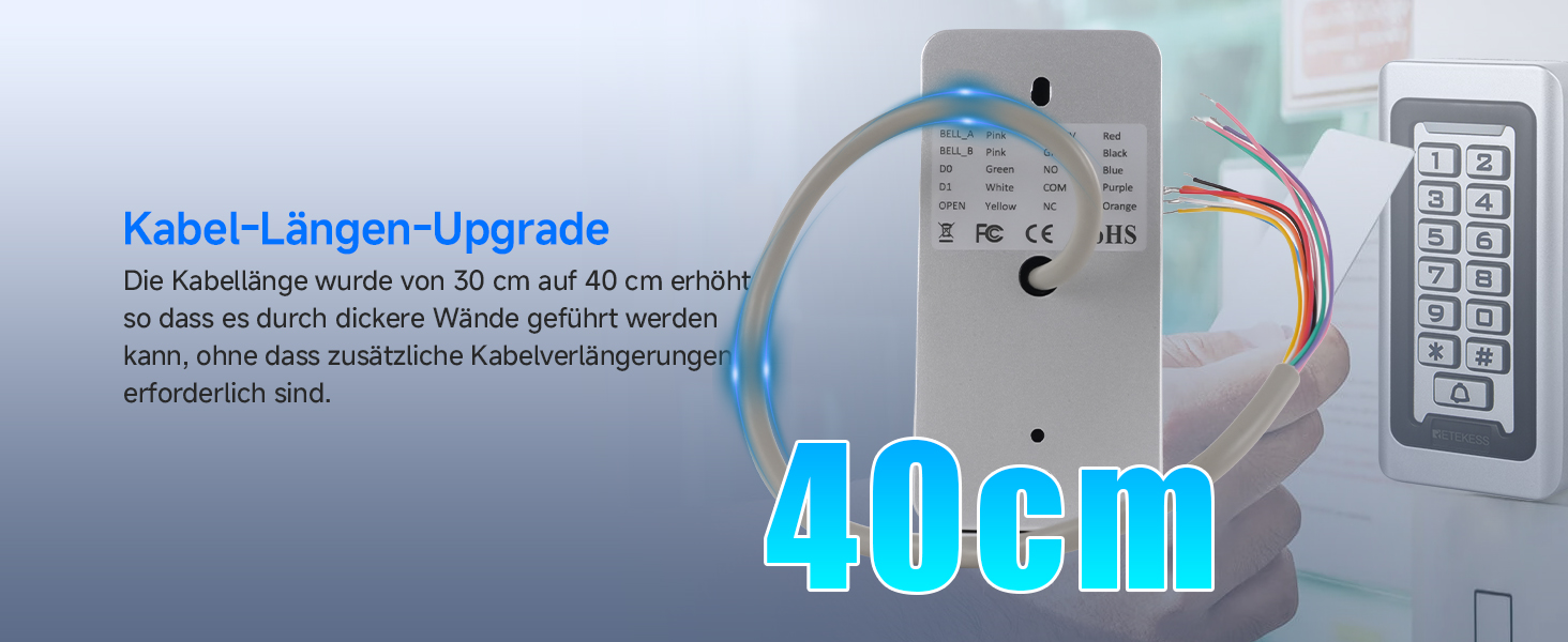 Retekess T-AC03 Codeschloss in Silber aus Zinklegierung mit blau beleuchteter Zifferntastatur, Klingeltaste und zehn blauen RFID-Schlüsselanhängern – Detail 3