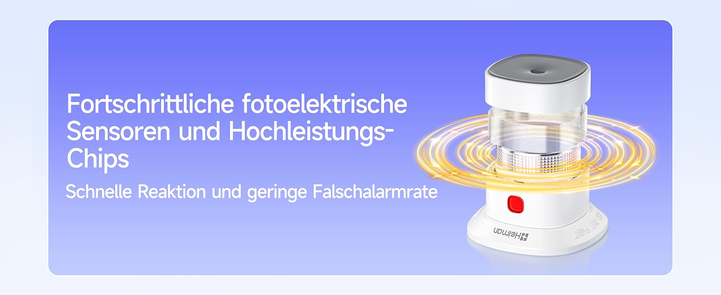 Fünf weisse Mini-Rauchmelder Heiman HS1SA mit rotem Testknopf, kreisförmig angeordnet, daneben ein Melder in einer Hand als Grössenvergleich – Detail 1
