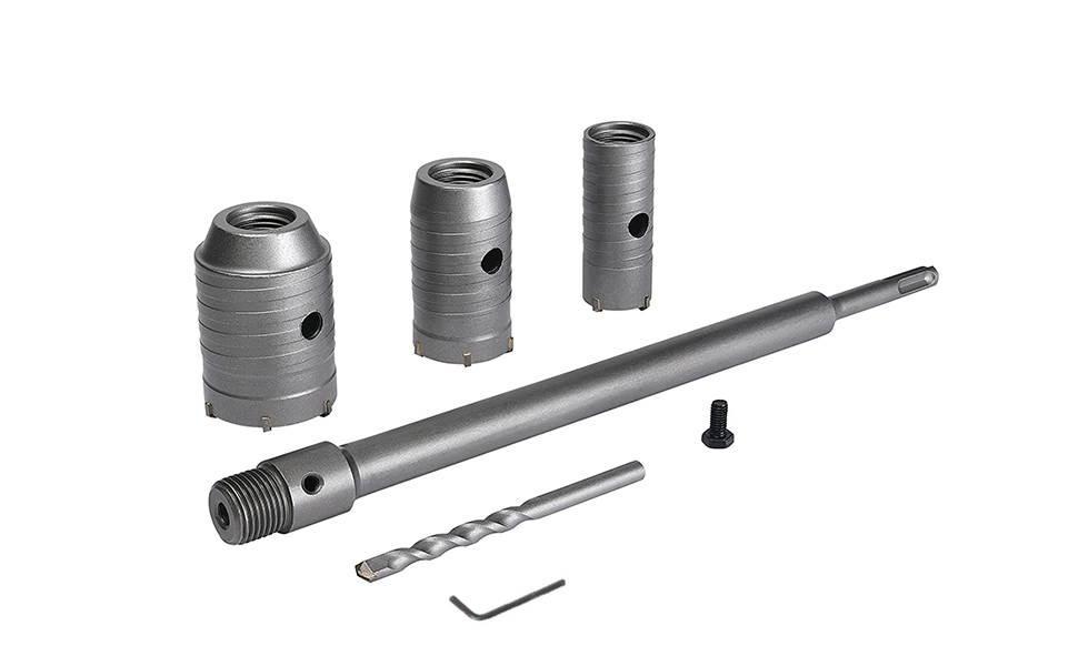 Silberfarbenes Bohrkronen-Set für Mauerwerk mit drei Kronen von 30, 40 und 50 mm, langem SDS-plus-Schaft, Zentrierbohrer und Sechskantschlüssel – Detail 1