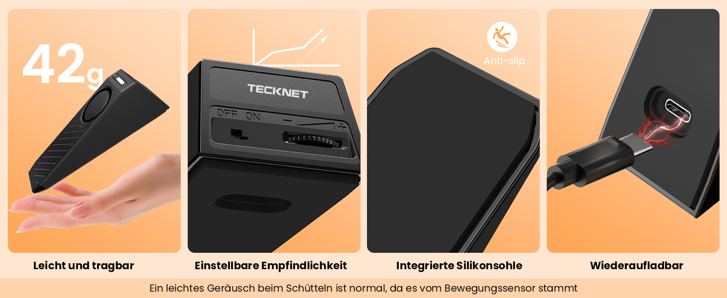 Zwei schwarze TECKNET Türstopper-Alarme mit geriffelter Keiloberseite und USB-C-Ladekabel – Detail 3