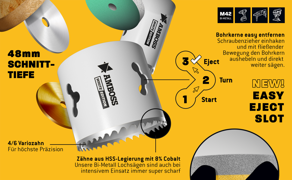 Siebzehnteiliges Amboss White Edition Lochsägen-Set aus Bi-Metall im schwarzen Koffer mit vierzehn weissen Lochsägen von 20 bis 83 mm – Detail 3