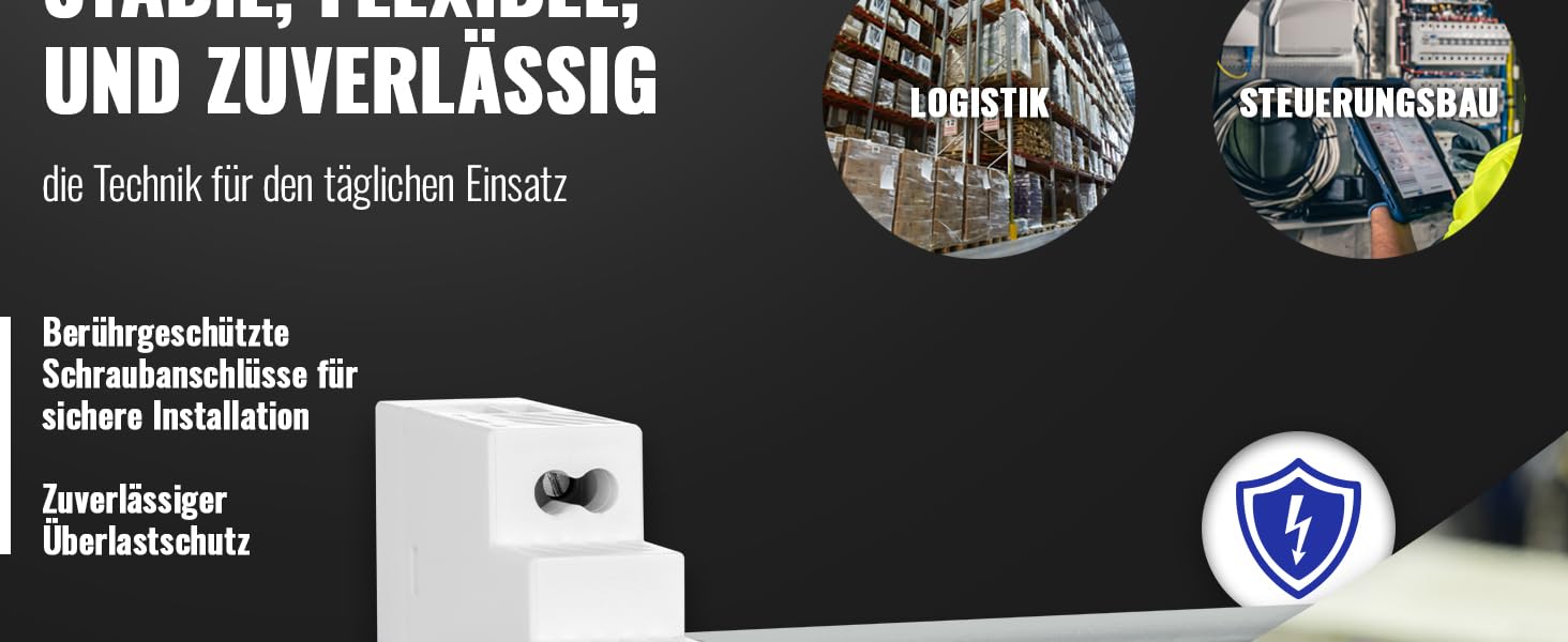 Weisses Hutschienen-Netzteil von Poppstar mit 18 mm Baubreite, Typenschild mit 12 V und 1,25 A, Einstellpotentiometer oben und Schraubklemmen N und L unten – Detail 3