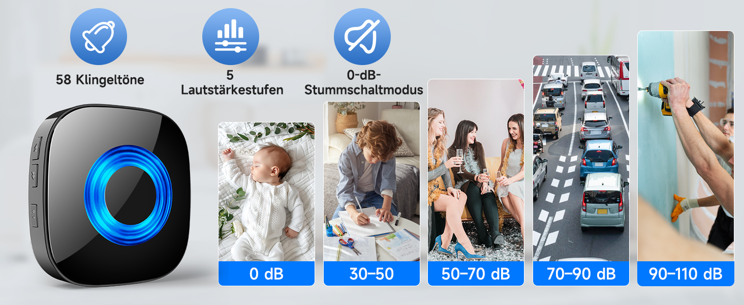 Schwarzer PHYSEN Steckdosen-Empfänger mit blau leuchtendem Ring und der zugehörige Funksender mit Anschlussleitung – Detail 2