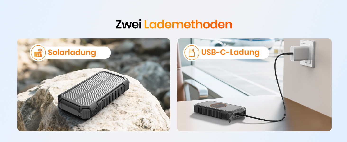 Schwarze A ADDTOP Solar-Powerbank mit ausklappbaren Solarpanels, USB-Anschlüssen und integrierter LED-Leuchte. – Detail 3